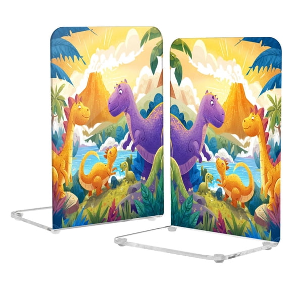 2Pack Acrylic Bookends Clear L-Shaped Book Holders with Non-Slip Pads Sturdy Durable Book Stoppers for Shelves, Office, School, Library, Home Desk Decor Cute Dinosaur Volcano Scene