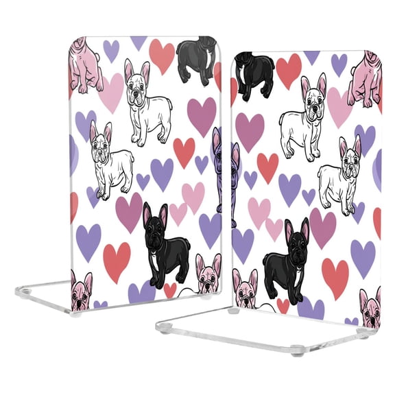 2Pack Acrylic Bookends Clear L-Shaped Book Holders with Non-Slip Pads Sturdy Durable Book Stoppers for Shelves, Office, School, Library, Home Desk Decor Cute Frenchie Heart Background