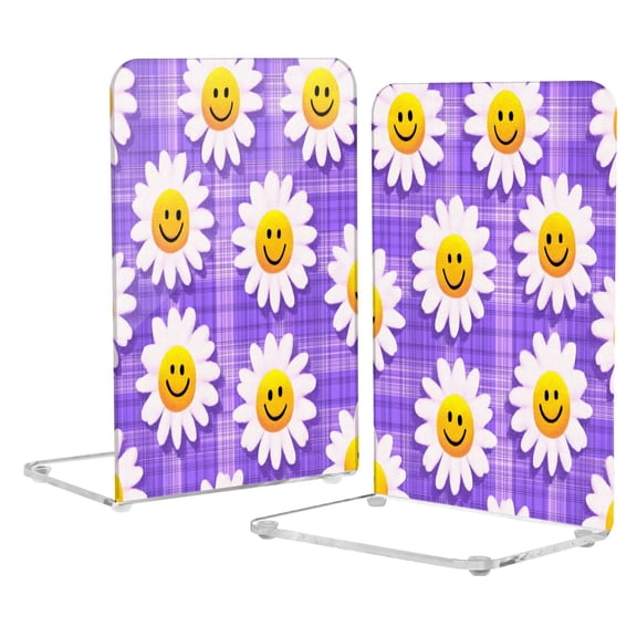 2Pack Acrylic Bookends Clear L-Shaped Book Holders with Non-Slip Pads Sturdy Durable Book Stoppers for Shelves, Office, School, Library, Home Desk Decor Cute Smiling Daisies on Purple
