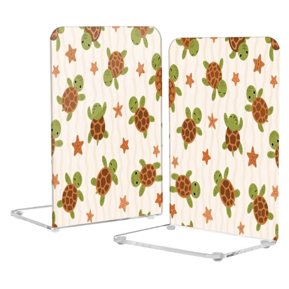 2Pack Acrylic Bookends Clear L-Shaped Book Holders with Non-Slip Pads Sturdy Durable Book Stoppers for Shelves, Office, School, Library, Home Desk Decor Cute Turtle Sea Star Pattern