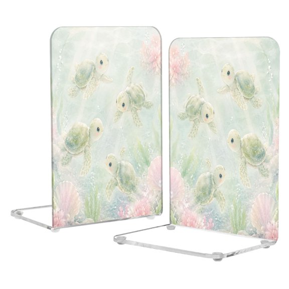 2Pack Acrylic Bookends Clear L-Shaped Book Holders with Non-Slip Pads Sturdy Durable Book Stoppers for Shelves, Office, School, Library, Home Desk Decor Cute Underwater Turtle Pattern