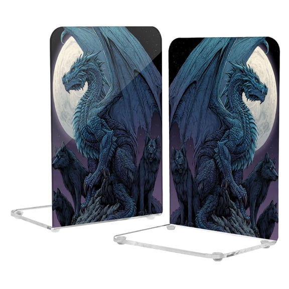 2Pack Acrylic Bookends Clear L-Shaped Book Holders with Non-Slip Pads Sturdy Durable Book Stoppers for Shelves, Office, School, Library, Home Desk Decor Cyan Dragons and Wolves