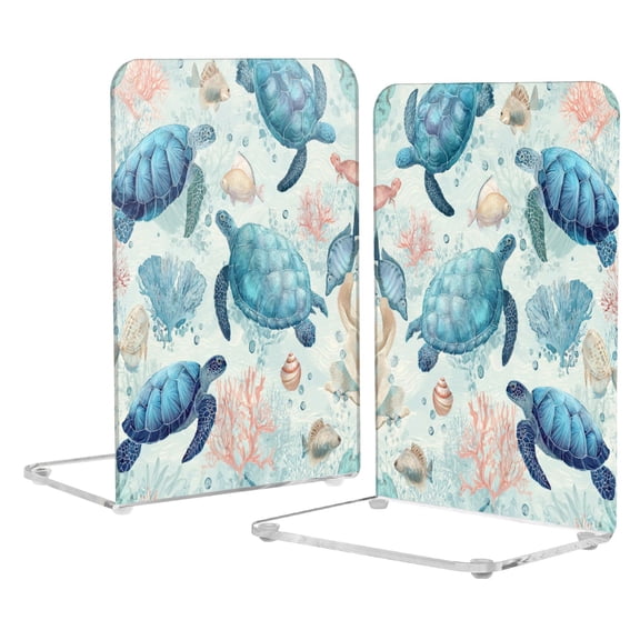 2Pack Acrylic Bookends Clear L-Shaped Book Holders with Non-Slip Pads Sturdy Durable Book Stoppers for Shelves, Office, School, Library, Home Desk Decor Deep Green Sea Turtles