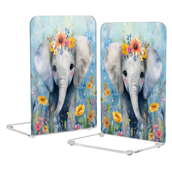 2Pack Acrylic Bookends Clear L-Shaped Book Holders with Non-Slip Pads Sturdy Durable Book Stoppers for Shelves, Office, School, Library, Home Desk Decor Elephant Wearing Colorful Flowers