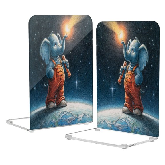 2Pack Acrylic Bookends Clear L-Shaped Book Holders with Non-Slip Pads Sturdy Durable Book Stoppers for Shelves, Office, School, Library, Home Desk Decor Explorer Elephant
