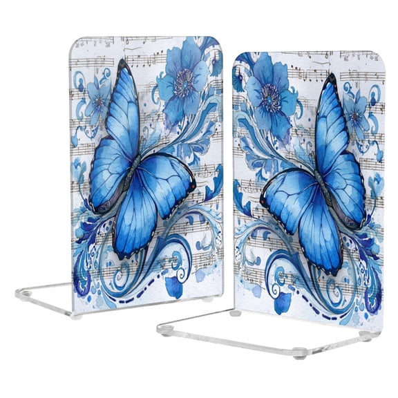 2Pack Acrylic Bookends Clear L-Shaped Book Holders with Non-Slip Pads Sturdy Durable Book Stoppers for Shelves, Office, School, Library, Home Desk Decor Fantasy Butterfly on Sheet Music