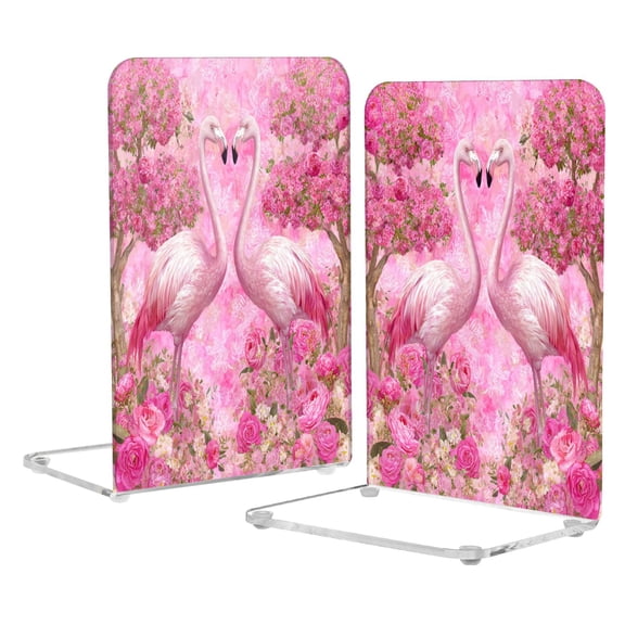 2Pack Acrylic Bookends Clear L-Shaped Book Holders with Non-Slip Pads Sturdy Durable Book Stoppers for Shelves, Office, School, Library, Home Desk Decor Flamingo Love Pink Paradise