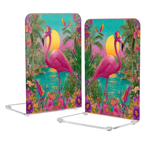 2Pack Acrylic Bookends Clear L-Shaped Book Holders with Non-Slip Pads Sturdy Durable Book Stoppers for Shelves, Office, School, Library, Home Desk Decor Flamingo Resort Style