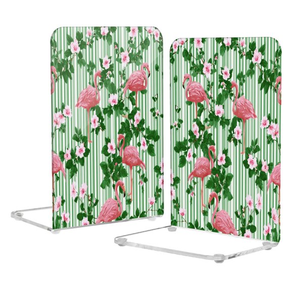 2Pack Acrylic Bookends Clear L-Shaped Book Holders with Non-Slip Pads Sturdy Durable Book Stoppers for Shelves, Office, School, Library, Home Desk Decor Flamingos at Rest