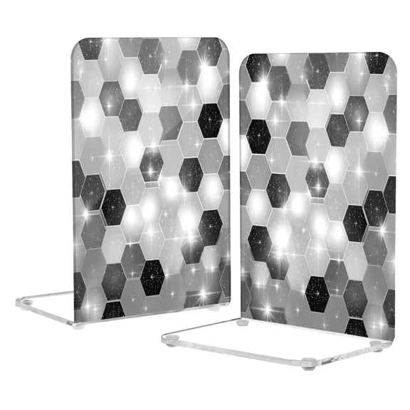 2Pack Acrylic Bookends Clear L-Shaped Book Holders with Non-Slip Pads Sturdy Durable Book Stoppers for Shelves, Office, School, Library, Home Desk Decor Futuristic Sparkle Hex Tile