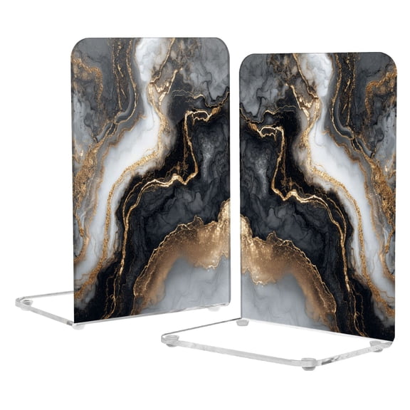 2Pack Acrylic Bookends Clear L-Shaped Book Holders with Non-Slip Pads Sturdy Durable Book Stoppers for Shelves, Office, School, Library, Home Desk Decor Gilded Black Marble Fluid Art