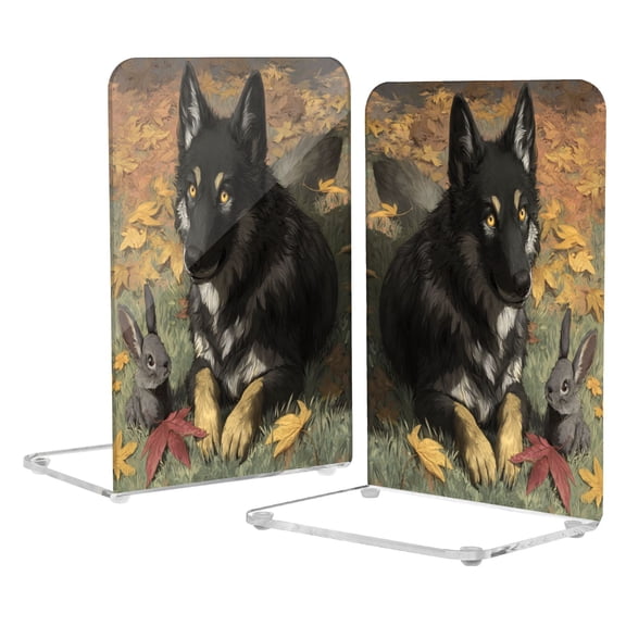 2Pack Acrylic Bookends Clear L-Shaped Book Holders with Non-Slip Pads Sturdy Durable Book Stoppers for Shelves, Office, School, Library, Home Desk Decor Gray Wolf and Rabbit