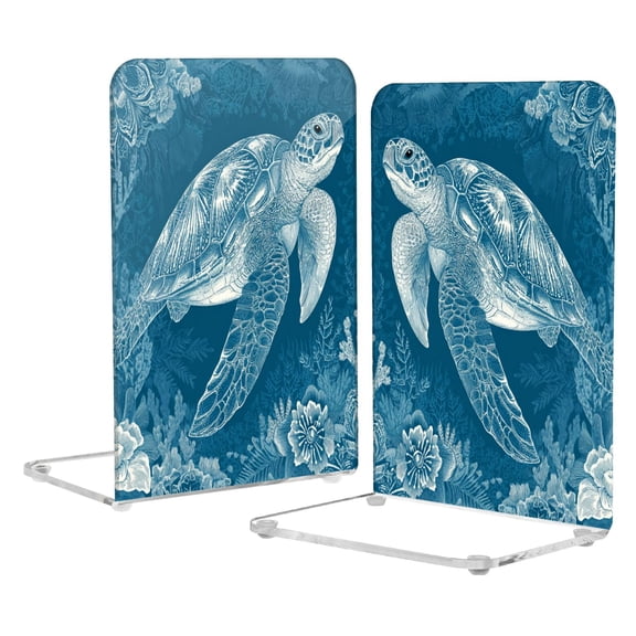 2Pack Acrylic Bookends Clear L-Shaped Book Holders with Non-Slip Pads Sturdy Durable Book Stoppers for Shelves, Office, School, Library, Home Desk Decor Green Turtle in Blue Ocean