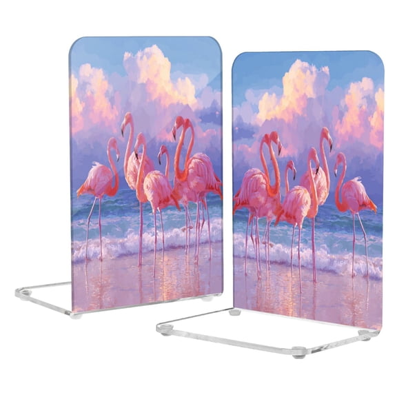 2Pack Acrylic Bookends Clear L-Shaped Book Holders with Non-Slip Pads Sturdy Durable Book Stoppers for Shelves, Office, School, Library, Home Desk Decor Group Of Pink Flamingos