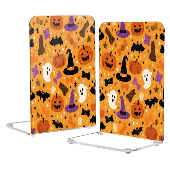 2Pack Acrylic Bookends Clear L-Shaped Book Holders with Non-Slip Pads Sturdy Durable Book Stoppers for Shelves, Office, School, Library, Home Desk Decor Halloween Object Patterns