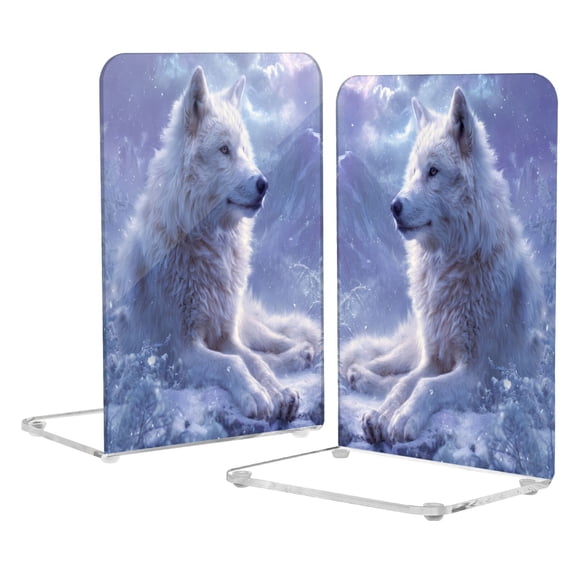 2Pack Acrylic Bookends Clear L-Shaped Book Holders with Non-Slip Pads Sturdy Durable Book Stoppers for Shelves, Office, School, Library, Home Desk Decor Handsome White Wolf