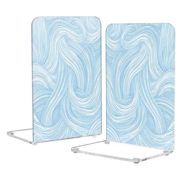 2Pack Acrylic Bookends Clear L-Shaped Book Holders with Non-Slip Pads Sturdy Durable Book Stoppers for Shelves, Office, School, Library, Home Desk Decor Light Blue Wavy Lines