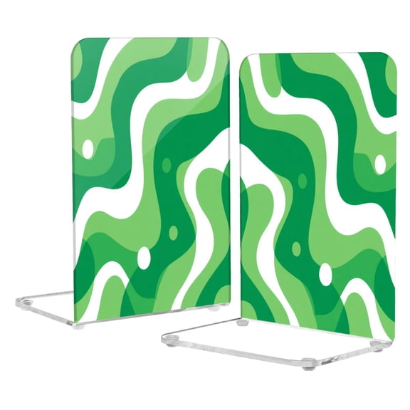 2Pack Acrylic Bookends Clear L-Shaped Book Holders with Non-Slip Pads Sturdy Durable Book Stoppers for Shelves, Office, School, Library, Home Desk Decor Light Green Flowing Lines