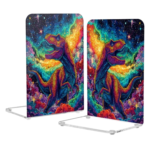 2Pack Acrylic Bookends Clear L-Shaped Book Holders with Non-Slip Pads Sturdy Durable Book Stoppers for Shelves, Office, School, Library, Home Desk Decor Line Art Dinosaur Space Art
