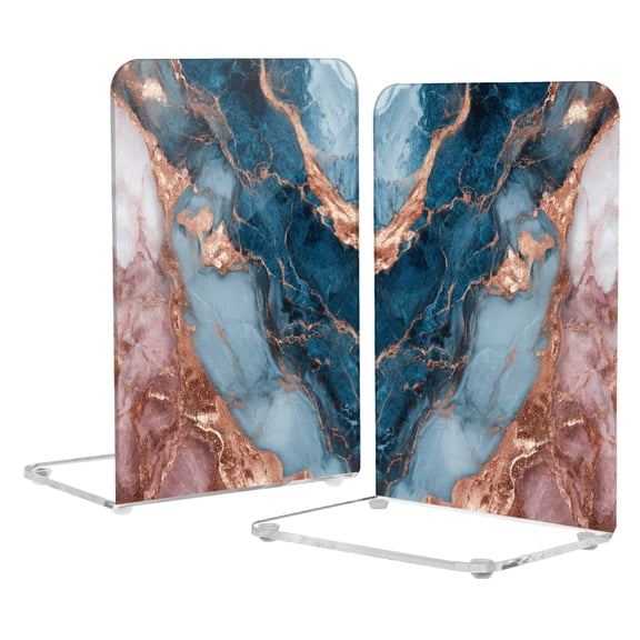 2Pack Acrylic Bookends Clear L-Shaped Book Holders with Non-Slip Pads Sturdy Durable Book Stoppers for Shelves, Office, School, Library, Home Desk Decor Luxury Mermaid Marble Texture