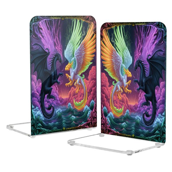2Pack Acrylic Bookends Clear L-Shaped Book Holders with Non-Slip Pads Sturdy Durable Book Stoppers for Shelves, Office, School, Library, Home Desk Decor Magic Dragon Game Card