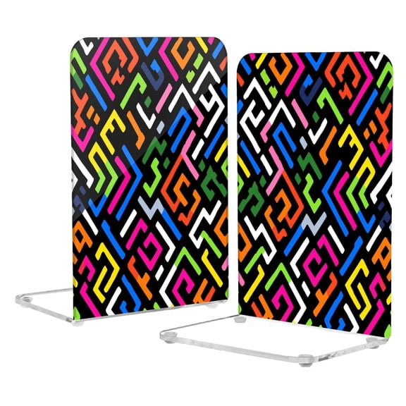 2Pack Acrylic Bookends Clear L-Shaped Book Holders with Non-Slip Pads Sturdy Durable Book Stoppers for Shelves, Office, School, Library, Home Desk Decor Multicolor Geometric Puzzle
