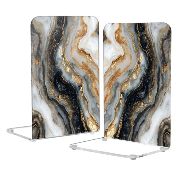 2Pack Acrylic Bookends Clear L-Shaped Book Holders with Non-Slip Pads Sturdy Durable Book Stoppers for Shelves, Office, School, Library, Home Desk Decor Onyx Gilded Marble