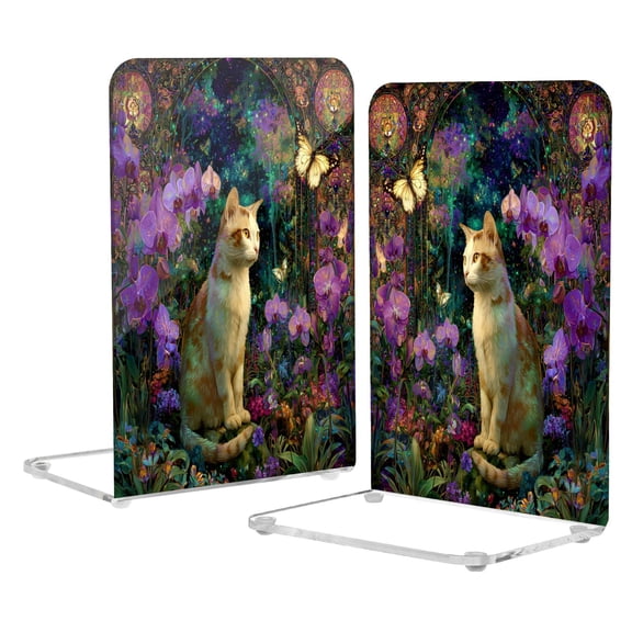 2Pack Acrylic Bookends Clear L-Shaped Book Holders with Non-Slip Pads Sturdy Durable Book Stoppers for Shelves, Office, School, Library, Home Desk Decor Orange Cat in The Secret Garden