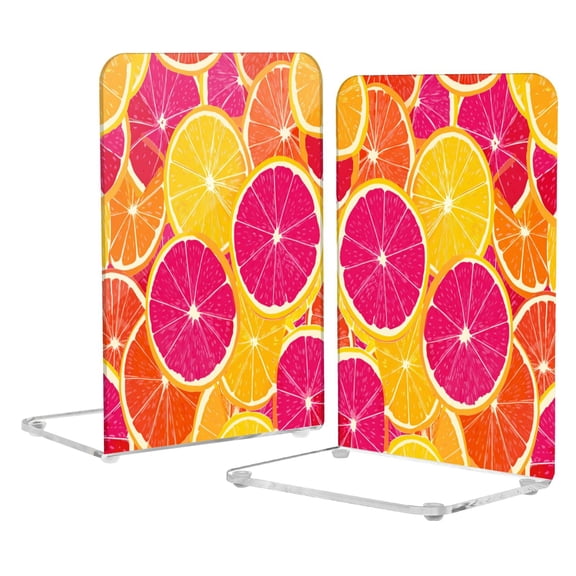 2Pack Acrylic Bookends Clear L-Shaped Book Holders with Non-Slip Pads Sturdy Durable Book Stoppers for Shelves, Office, School, Library, Home Desk Decor Oranges and Grapefruits