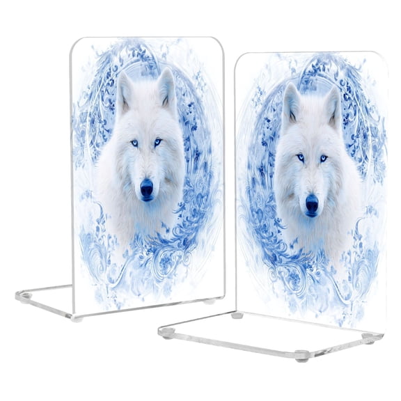 2Pack Acrylic Bookends Clear L-Shaped Book Holders with Non-Slip Pads Sturdy Durable Book Stoppers for Shelves, Office, School, Library, Home Desk Decor Orchid and White Wolf