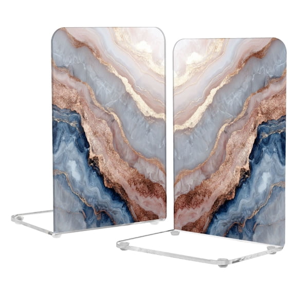 2Pack Acrylic Bookends Clear L-Shaped Book Holders with Non-Slip Pads Sturdy Durable Book Stoppers for Shelves, Office, School, Library, Home Desk Decor Pastel Agate Gilded Veil
