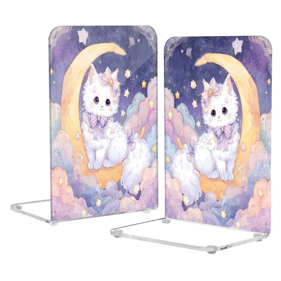 2Pack Acrylic Bookends Clear L-Shaped Book Holders with Non-Slip Pads Sturdy Durable Book Stoppers for Shelves, Office, School, Library, Home Desk Decor Princess Cat and Moon