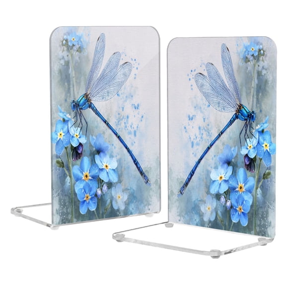 2Pack Acrylic Bookends Clear L-Shaped Book Holders with Non-Slip Pads Sturdy Durable Book Stoppers for Shelves, Office, School, Library, Home Desk Decor Realistic Blue Dragonfly Print