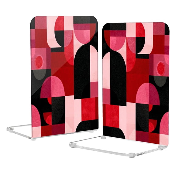 2Pack Acrylic Bookends Clear L-Shaped Book Holders with Non-Slip Pads Sturdy Durable Book Stoppers for Shelves, Office, School, Library, Home Desk Decor Red and Black Record Pattern