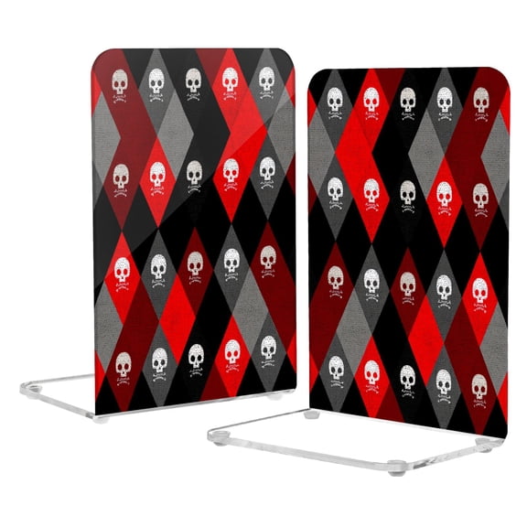 2Pack Acrylic Bookends Clear L-Shaped Book Holders with Non-Slip Pads Sturdy Durable Book Stoppers for Shelves, Office, School, Library, Home Desk Decor Red Black Argyle Skull Print