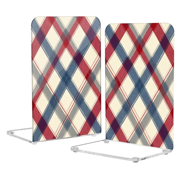 2Pack Acrylic Bookends Clear L-Shaped Book Holders with Non-Slip Pads Sturdy Durable Book Stoppers for Shelves, Office, School, Library, Home Desk Decor Red-blue Diagonal Lines