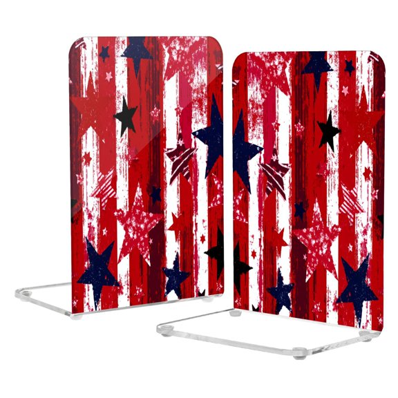 2Pack Acrylic Bookends Clear L-Shaped Book Holders with Non-Slip Pads Sturdy Durable Book Stoppers for Shelves, Office, School, Library, Home Desk Decor Retro Distressed Star Stripe Print