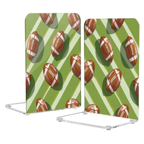 2Pack Acrylic Bookends Clear L-Shaped Book Holders with Non-Slip Pads Sturdy Durable Book Stoppers for Shelves, Office, School, Library, Home Desk Decor Rugby Balls Pattern