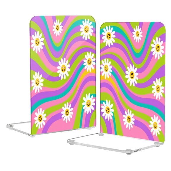2Pack Acrylic Bookends Clear L-Shaped Book Holders with Non-Slip Pads Sturdy Durable Book Stoppers for Shelves, Office, School, Library, Home Desk Decor Smiling Daisy on Multicolor Background