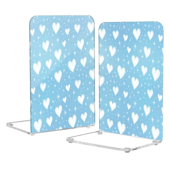2Pack Acrylic Bookends Clear L-Shaped Book Holders with Non-Slip Pads Sturdy Durable Book Stoppers for Shelves, Office, School, Library, Home Desk Decor Soft Heart Line Art on Blue