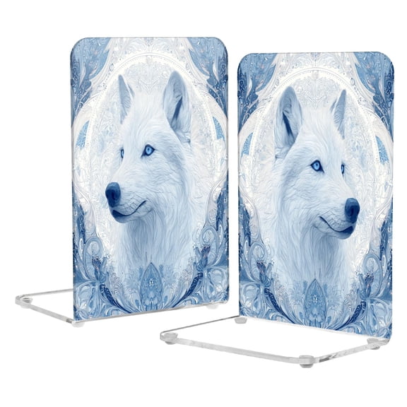 2Pack Acrylic Bookends Clear L-Shaped Book Holders with Non-Slip Pads Sturdy Durable Book Stoppers for Shelves, Office, School, Library, Home Desk Decor Striking Arctic Wolf
