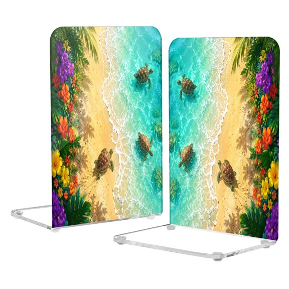 2Pack Acrylic Bookends Clear L-Shaped Book Holders with Non-Slip Pads Sturdy Durable Book Stoppers for Shelves, Office, School, Library, Home Desk Decor Sunny Turtle Ocean Shore