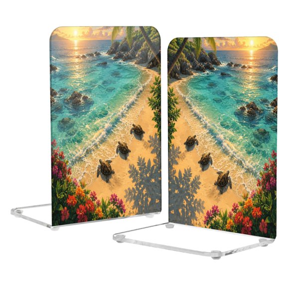 2Pack Acrylic Bookends Clear L-Shaped Book Holders with Non-Slip Pads Sturdy Durable Book Stoppers for Shelves, Office, School, Library, Home Desk Decor Tropical Shore Sunset Turtles