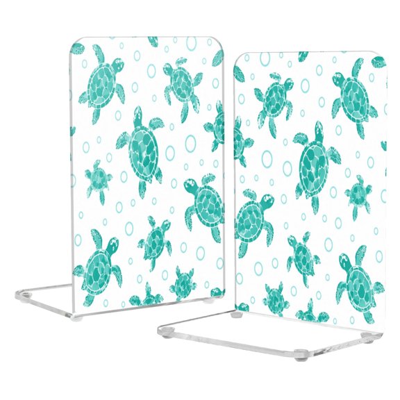 2Pack Acrylic Bookends Clear L-Shaped Book Holders with Non-Slip Pads Sturdy Durable Book Stoppers for Shelves, Office, School, Library, Home Desk Decor Turquoise Seamless Turtle Pattern