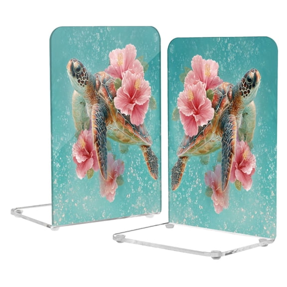2Pack Acrylic Bookends Clear L-Shaped Book Holders with Non-Slip Pads Sturdy Durable Book Stoppers for Shelves, Office, School, Library, Home Desk Decor Turtle with Pink Hibiscus Flowers