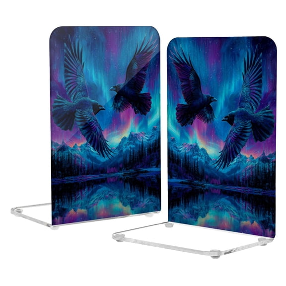 2Pack Acrylic Bookends Clear L-Shaped Book Holders with Non-Slip Pads Sturdy Durable Book Stoppers for Shelves, Office, School, Library, Home Desk Decor Two Black Majestic Ravens