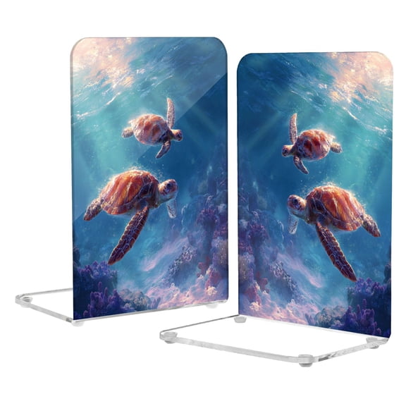 2Pack Acrylic Bookends Clear L-Shaped Book Holders with Non-Slip Pads Sturdy Durable Book Stoppers for Shelves, Office, School, Library, Home Desk Decor Two Cute Turtles