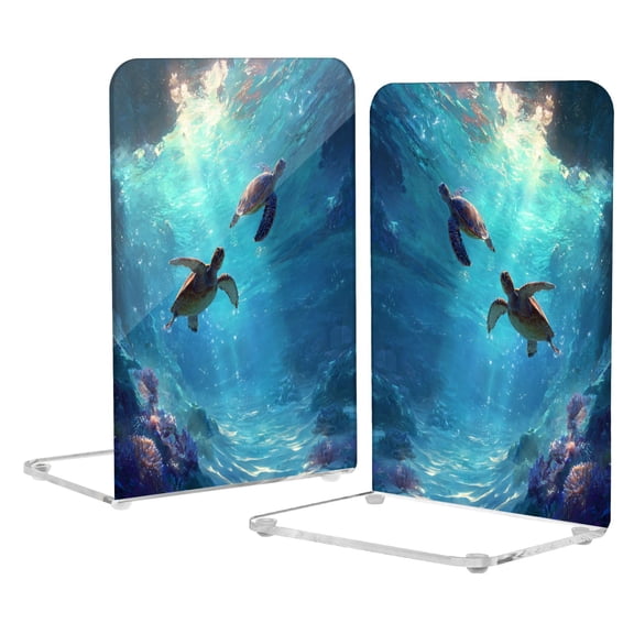 2Pack Acrylic Bookends Clear L-Shaped Book Holders with Non-Slip Pads Sturdy Durable Book Stoppers for Shelves, Office, School, Library, Home Desk Decor Two Ethereal and Lovely Turtles