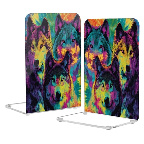 2Pack Acrylic Bookends Clear L-Shaped Book Holders with Non-Slip Pads Sturdy Durable Book Stoppers for Shelves, Office, School, Library, Home Desk Decor Vibrant Wolf Tie-dye