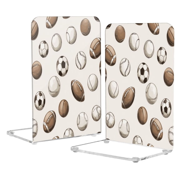2Pack Acrylic Bookends Clear L-Shaped Book Holders with Non-Slip Pads Sturdy Durable Book Stoppers for Shelves, Office, School, Library, Home Desk Decor Vintage Multi-sport Ball Pattern